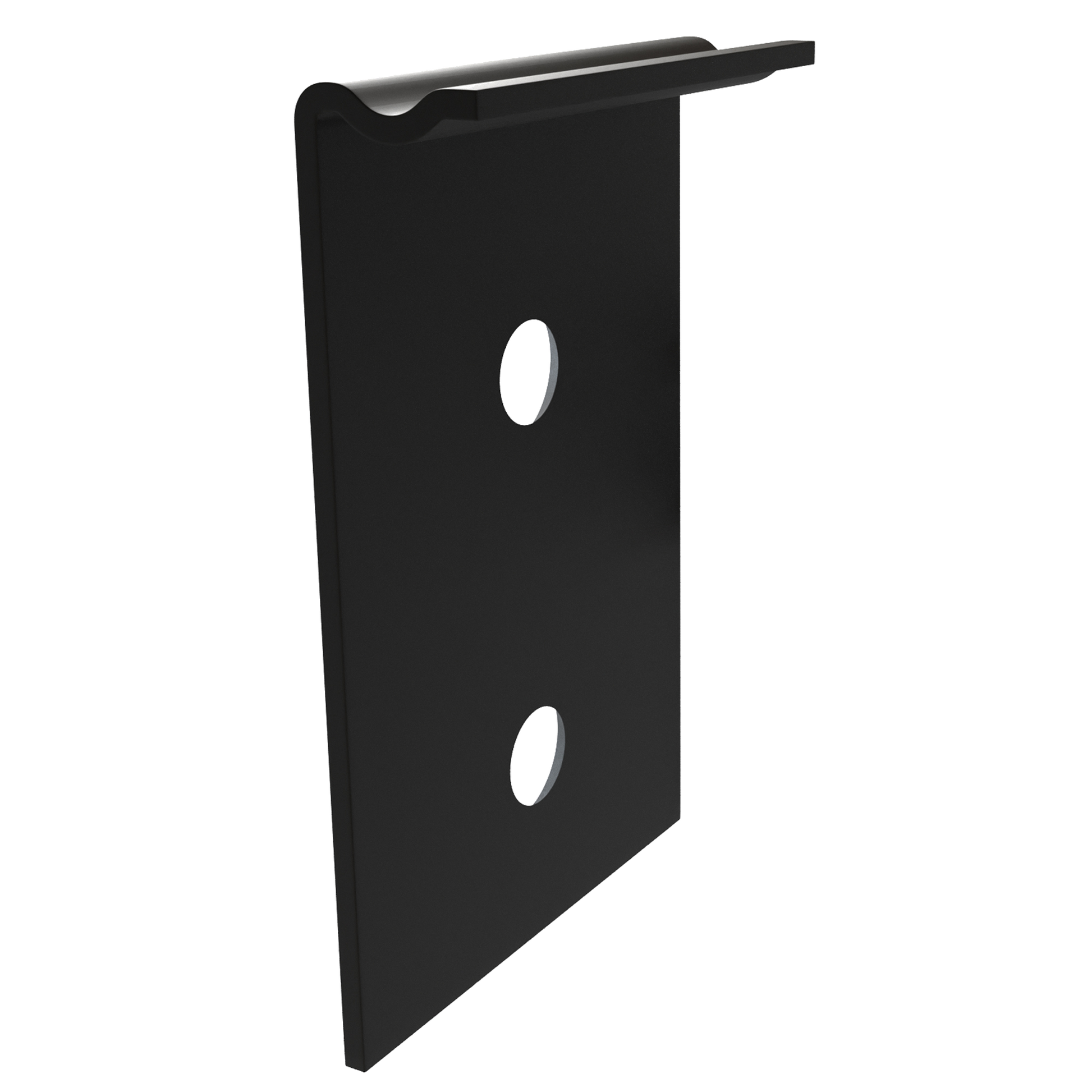 Support métallique noir avec deux trous circulaires, bord supérieur plié, présenté sur fond blanc. Référence ou compatibilité non lisible.