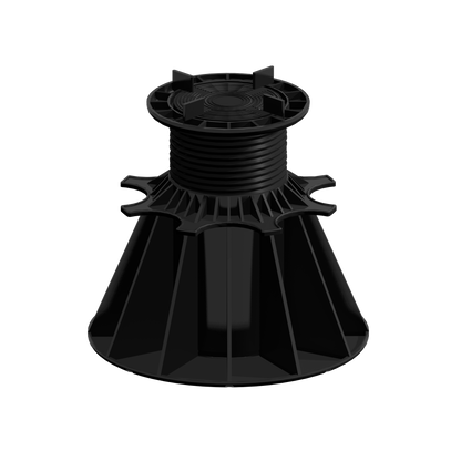 Socle réglable noir pour terrasse, colonne filetée centrale, large base circulaire. Matière plastique. Aucune marque ou référence lisible. Utilisé pour plots de terrasse.