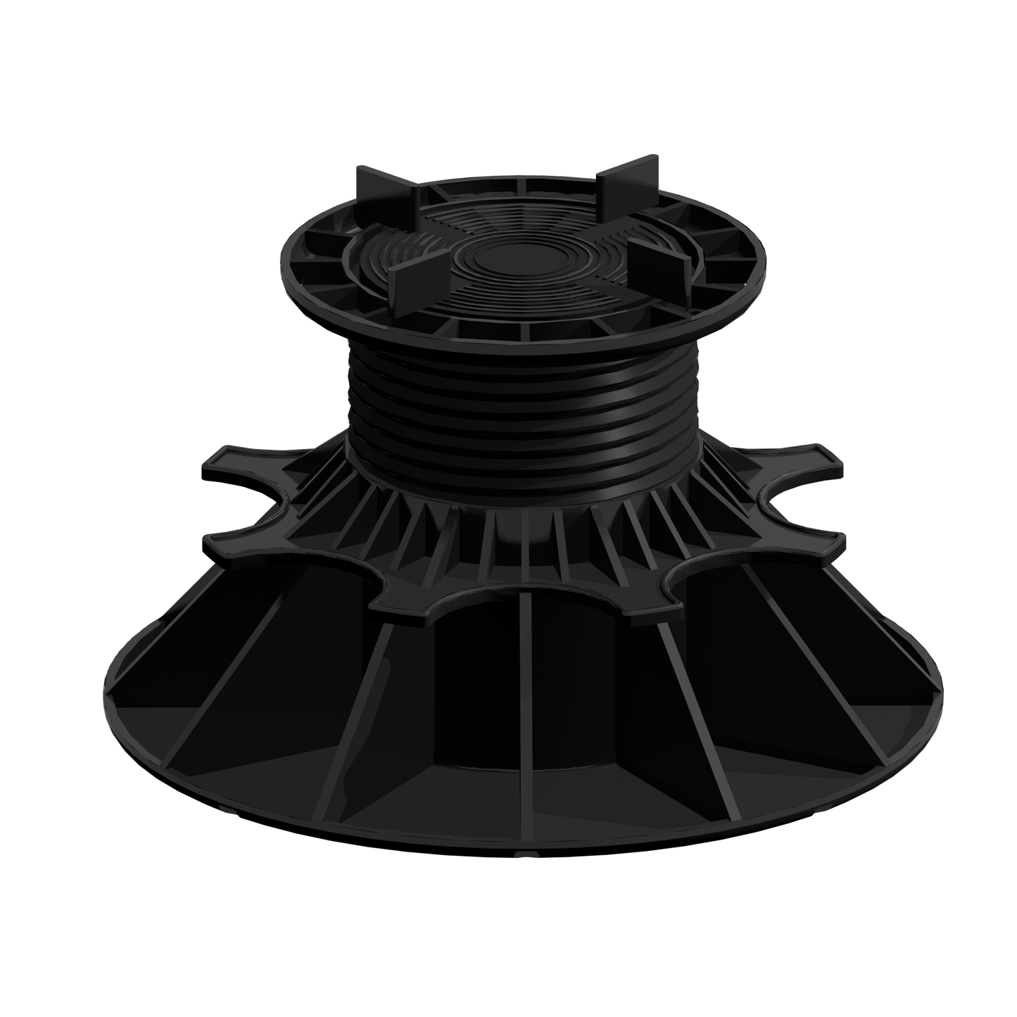 Plot réglable en plastique noir, large base, colonne filetée centrale, pour support de terrasse ou plancher. Diamètre et référence non lisibles.